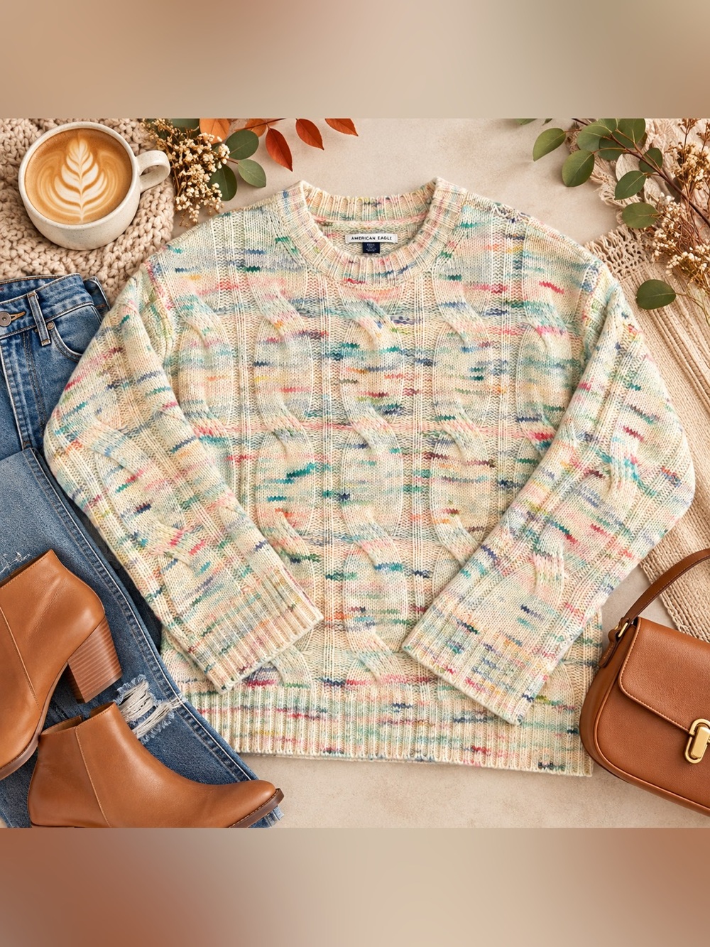 American Eagle M Multicolor Speckled Cable Knit Crewneck Sweater Pastel